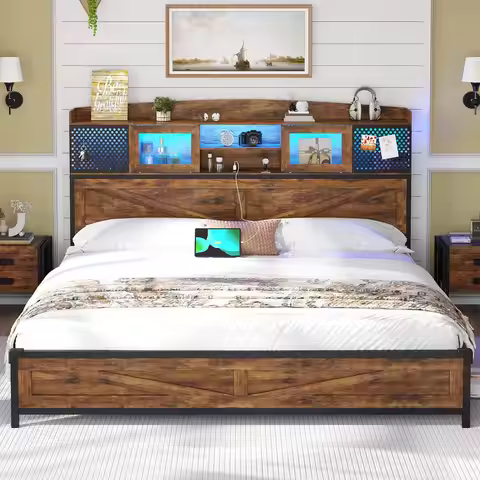 King Size Bed Frame W/ Charging Station,LED Bed Frame King Size W/ Shelf Headboard, Farmhouse King P