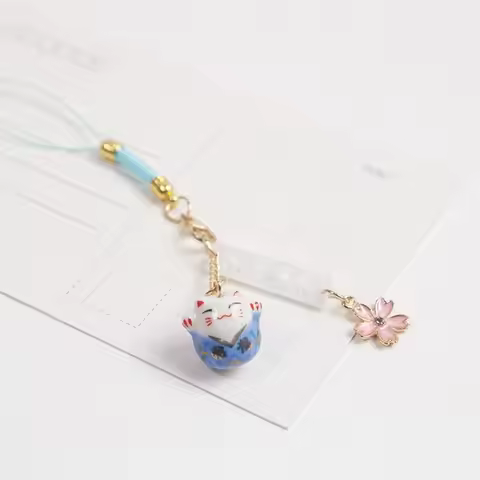 Ceramics Sakura Lucky Cat Phone Lanyard Braided Rope Cherry Blossoms Anti-lost Lanyard Japanese Styl
