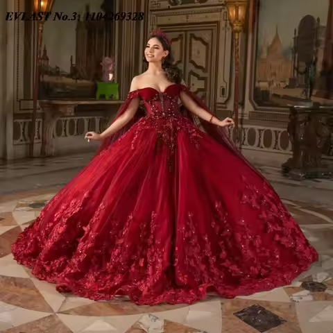 EVLAST Customized 2025 Burgundy Quinceanera Dress Ball Gown Floral Applique Beading Cape Sweet 16 Ve