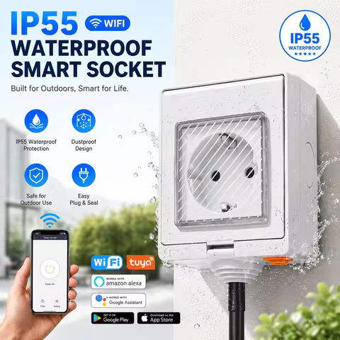 TUYA WiFi Smart Socket IP55 Waterproof Outdoor Power Plug with Timer Wall Socket for Garden Garage, 