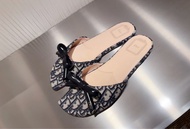 全新dior bow slide 深藍色羊皮革 蝴蝶結 印花平底 一字拖鞋 KCO623OLF_S10B