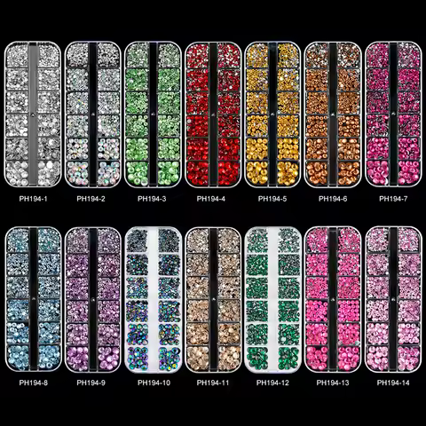 12Grids Mixed Nail Rhinestones SS6-SS30 Flat-back Diamond Nail Gems Shiny Clear Gold Pink Blue Glass
