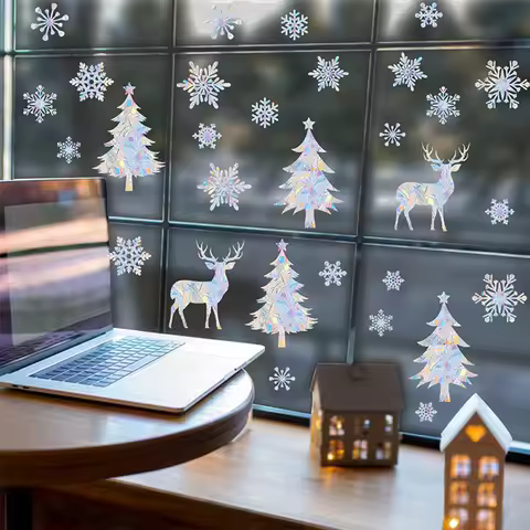 1PC/2PC Snowflake Christmas Tree Elk Deer Sunshine Catcher Wall Sticker Removable Home Decor Mural P