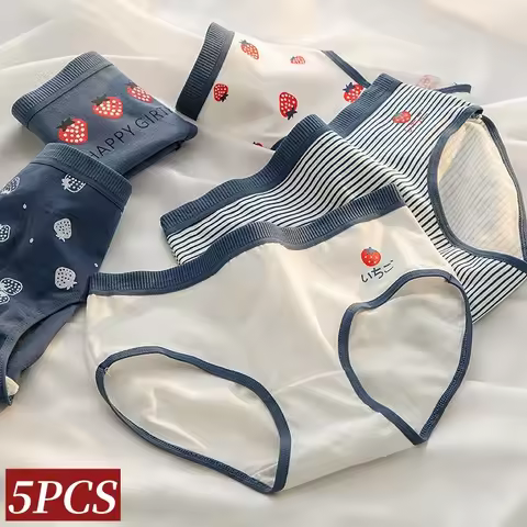 5Pcs/Set Women's Cotton Panties Strawberry Print Mid-Rise Briefs Breathable Comfortable Underwear La
