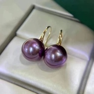 Hengsheng Hot 10-11mm Round Natural Purple Edison Pearls Earrings For Women Pure 18k Gold Drop Earri