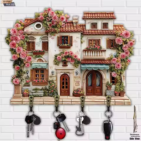 2D Flat Villa Shaped Key Holder Covered with Pink Roses Print, Four Hooks, Romantic Tuscan Style Ent