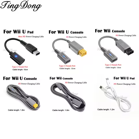 PD USB Type-C Charging Adapter Cable for Wii Console, Wii U Console & Wii U GamePad Power Supply Cab