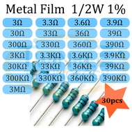 Resistor 0.5W Metal Film 3,3.3,3.6,3.9,30,33,36,39,300,330,360,390,30K,3.3K,33K,300K,330K,360K,390K ohm 1/2W 1% 30 pcs