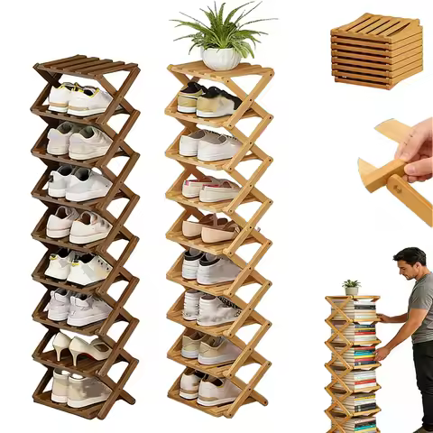 9 Tier Foldable-Bamboo Shoe Rack Organiser,Without Installation Shoe Rack,Space Saving Bamboo-Shoe S