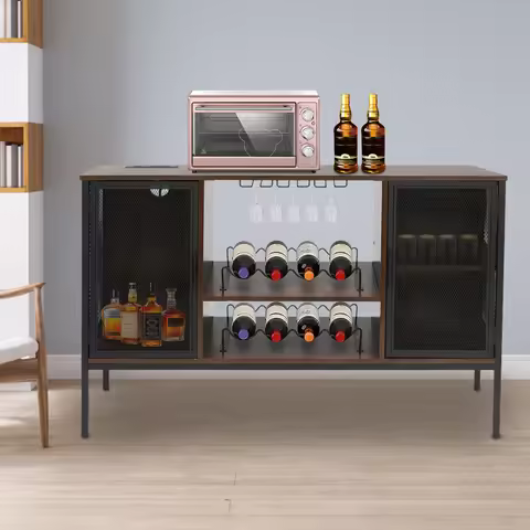 Brown Wine Bar Cabinet Industrial Coffee Shelf with Power Outlets Liquor Storage Display RacK 13.4"D