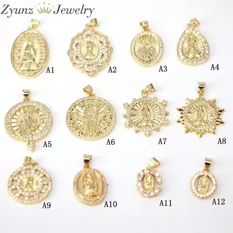 10PCS, Gold Color Micro Pave CZ Virgin Mary JESUS Charms Pendant Findings Jewelry