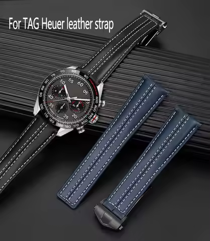 Black 22mm High Quality Genuine Leather Bracelet Watch Strap For Tag Heuer Carrera Series Porsche Co