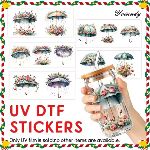 5Pcs/Set Umbrella Bouquet 16OZ Glass Jar Transfer Paper UV DTF High Self-Adhesive Transfer Paper Sui