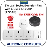 Powerpac  3W Wall socket Power Wall Extension Pug with 1x USB C & 1x USB-A Port Charger PP299U / 3Wa