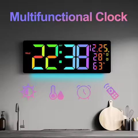 Colorful Digital Alarm Clock RGB Large Wall Clock 12/24H Remote Control Brightness Adjustment Multif