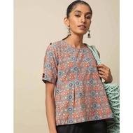 HOOMA Indian Hand-Printed Ajrak Printed Blue Short-Sleeved Top