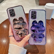 Phone Back Case For Oppo A95 5G Luxury Gradient Glitter Makeup Mirror Rabbit Folding Stand Soft Sili