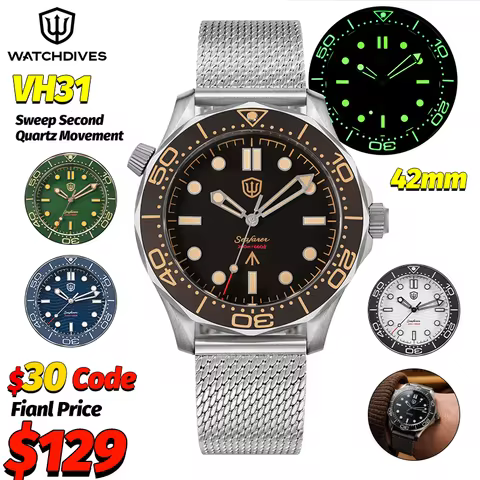 Watchdives WD007Q Luxury Titanium Watch 007 NTTD VH31 Sweep Quartz Wristwatches AR Sapphire 200M Wat