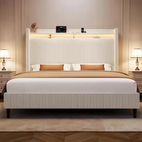 King Size Bed Frame with Tall Headboard, 55.3" Upholstered Platform King Bed Frame, Elegant Corduroy