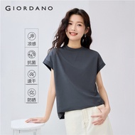 GIORDANO Women T-Shirts Cool-Touch Antibiosis Summer Tee Mock Neck Cap Sleeve Simple Basic Fashion C