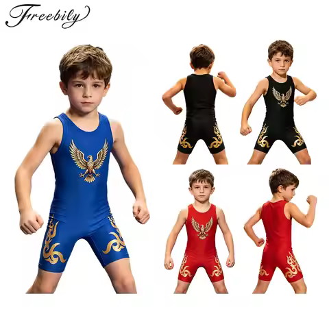 Kids Boys Eagle Printed Wrestling Singlet Bodysuit Sleeveless Sports Jumpsuit Workout Gymnastics Leo