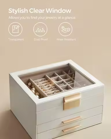 LUNEVA Store SONGMICS GISELLA Collection - Jewelry Box Organizer with Glass Lid, 3-Layer Jewelry Sto