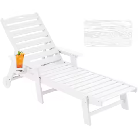 Chaise Lounge Chair Outdoor with Wheels, Oversize Patio Lounge Chairs with Wood Texture, 6-Position 