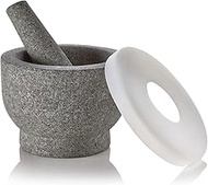 Granite Mortar and Pestle Pill Crusher Set - Easy Grip Non-Slip Stone Muddler &amp; Deep Bowl with Silicone Lid - Grinder for Pills, Tablets, Vitamins or as Molcajete Herb for Salsa Guacamole and More