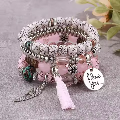 4Pcs Bohemian Women Pink Tassel Bracelet Set For Female I Love You Feather Round Charm Beads Chain B