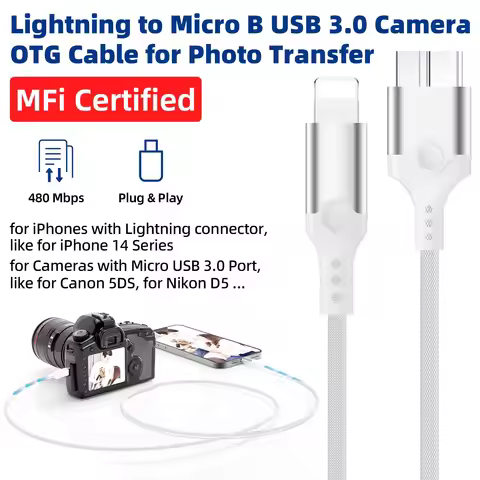 Lightning to Micro B USB 3.0 Camera OTG Cable Adapter MFi Certified for iPhone 14 13 12 Import Photo