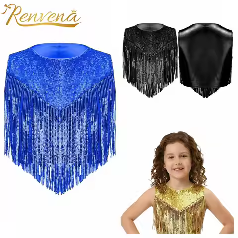 Children's Sequin Tassels Metallic Cape Vests Girls 60s 70s Disco Outfit Rave Festival Outfit Kids C