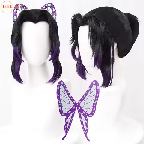 High Quality Kochou Shinobu Kocho Cosplay Wig 35cm Black Purple Pigtail Heat Resistant Synthetic Hai