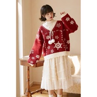 Over Rose (พร้อมส่ง) เสื้อไหมหรม คอกลม แขนยาว ลายหิมะ คริสต์มาส ผ้าหนานุ่ม มี2สี