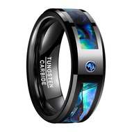 BONLAVIE 8mm Mens Abalone Shell and Blue Cubic Zirconia InlayTungsten Rings Black Wedding Bands Beve