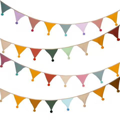 2.6M/8.5FT Nursery Fabric Bunting 10 Triangle Pennant Flags With Balls Party Decor Banner Home Baby 