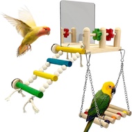 Mainan Burung dengan Cermin Burung, Tangga Panjat, Ayunan, Gim Permainan Kayu - Mainan Nuri & Akseso