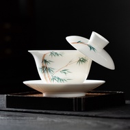 Hand-painted gaiwan, three-talents gaiwan, large gaiwan, mutton fat jade ceramic tea bowl, tea brewi
