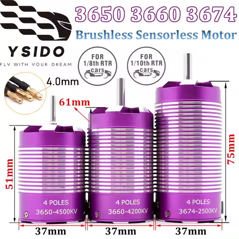 YSIDO Brushless Sensorless Motor 3674/3660/3650 4 Poles for 1:8 1:10 WLtoys HSP Tamiya Traxxas GTR R