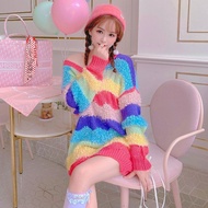 Spring and Straw Sweet Rainbow Stripes Loose and Spring Autumn Sweet Rainbow Stripes Loose Lazy Style V-Neck Mid-Length Sweater Women Small Candy Color Sweater 24.3.5