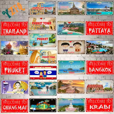 【YZFQ】Welcome to Pattaya Plaque Metal Vintage Phuket Thailand Travel Souvenir For Wall Bar Club Home