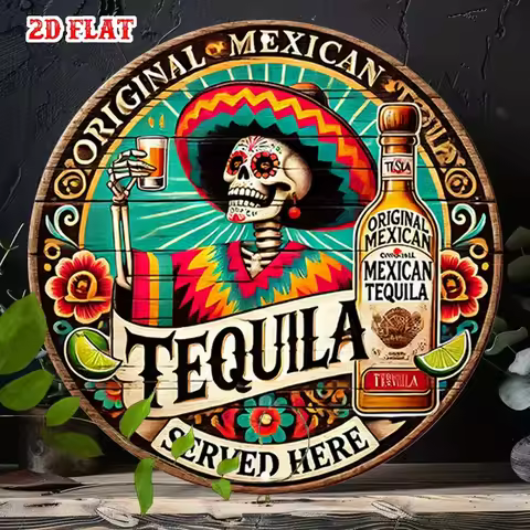 Vintage 2D Flat Round Tin Sign - "Original Mexican Tequila Served Here" Sugar Skull Sombrero Wall De