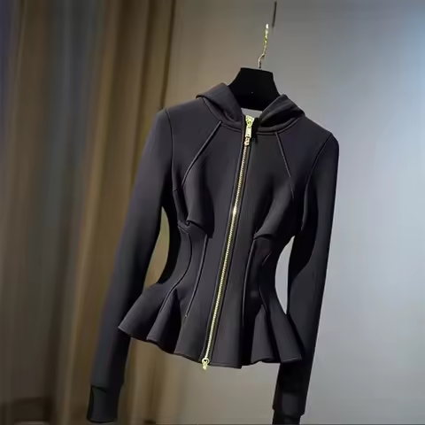 Fashion Black Hooded Coat Wowen Spring Autumn 2026 New Luxurious Unique Looka Short Waist Design Jac