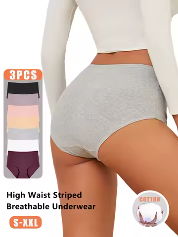 3Pcs women cotton High Waist underwear breathable Striped Panties Female Plus Size Solid Color Brief