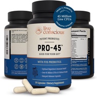 Live Conscious PRO45 Probiotics 30 Veggie Capsules Women &amp; Men Comprehensive Formula, 45 Billion CFU, 11 Strains, Dairy Free - w/Prebiotics - Promotes Immune &amp; Gut Health