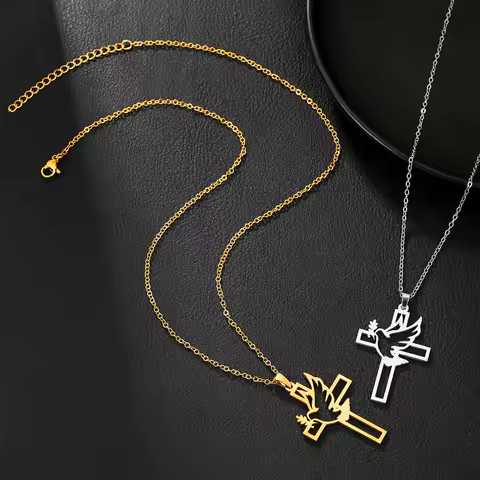 Dove Cross Pendant Necklace for Men Women Stainless Steel Holy Spirit Peace Dove Christian Necklace 