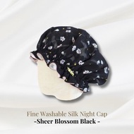 日本製可水洗蠶絲睡帽 Sheer Blossom Black 縷縷綻放 黑 絲帶滾邊 印花