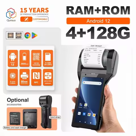 Handheld PDA Android 12.0 Bluetooth Wifi 2D Barcode Scanner NFC Build In 80MM Receipt Printer For Su