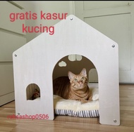 rumah kucing kayu, kandang hewan, tempat tidur kucing/anjing, alas tidur kucing, kasur kucing empuk,