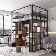 Small-sized multifunctional custom-made space-saving duplex attic upper and lower loft suspended wrought iron elevated bed with ladder cabinet