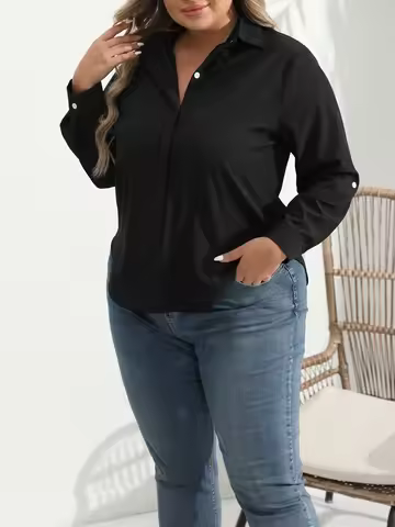 Fashion Spring Women's Plus Size 1XL-8XL Formal Shirt Plain Long Sleeve Turn DownCollar Button Up Wo